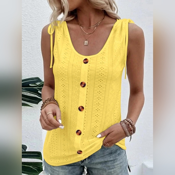 Just In !! Trendy Eyelet Tie Shoulder Scoop Neck Tank Top - Picture 1 of 5